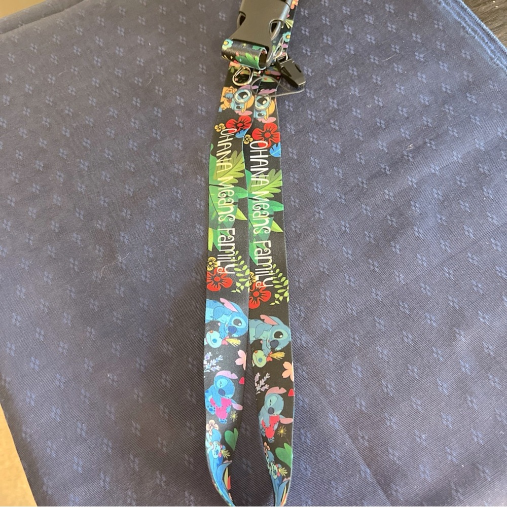 Stitch Character Ohana Means Family Flowers Black  Lanyard